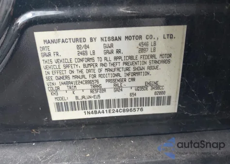 2004 Nissan Maxima 3.5 Sl из США, поврежденный, VIN 1N4BA41E24C896576